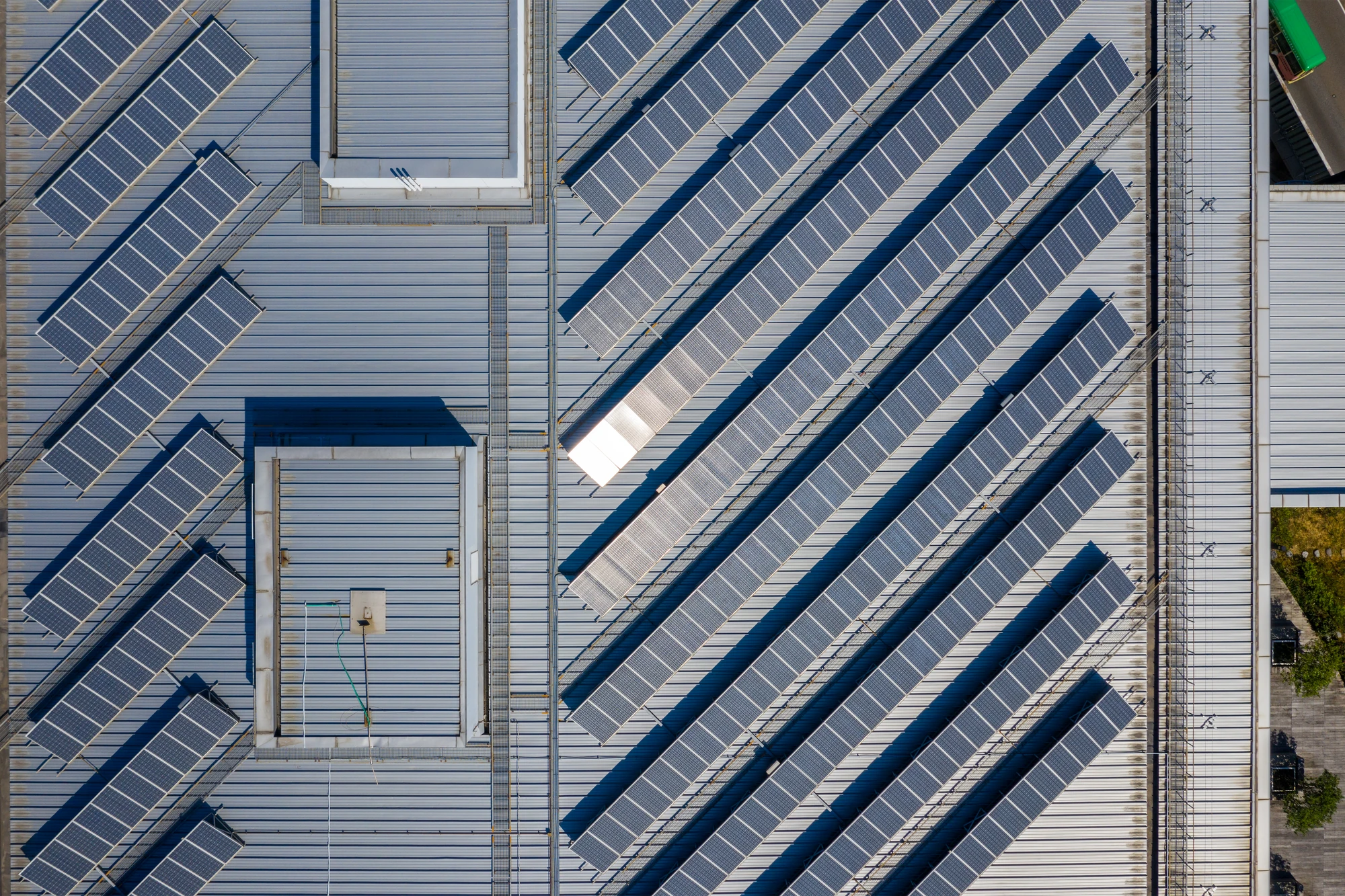 A large rooftop solar array seen from above